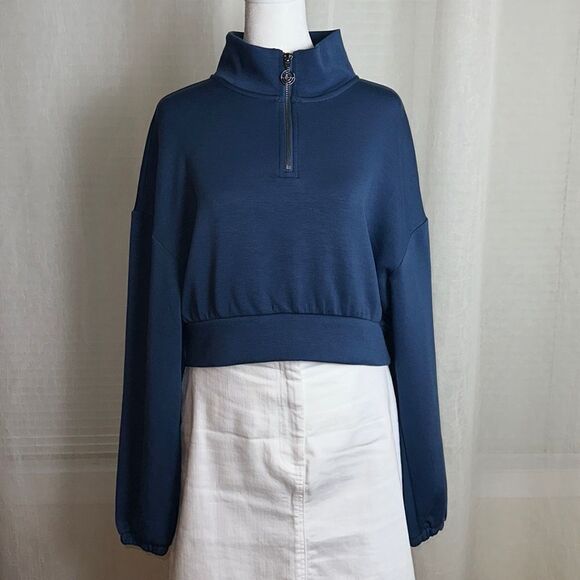 GILLY HICKS M Indigo Blue Quarter Zip Cropped Boxy Fit Pullover Sweatshirt - Picture 4 of 13